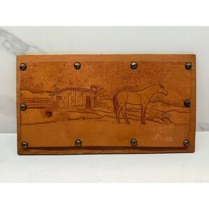 Vintage Hand Tooled Western Horse Barn Leather Wood Panel Art